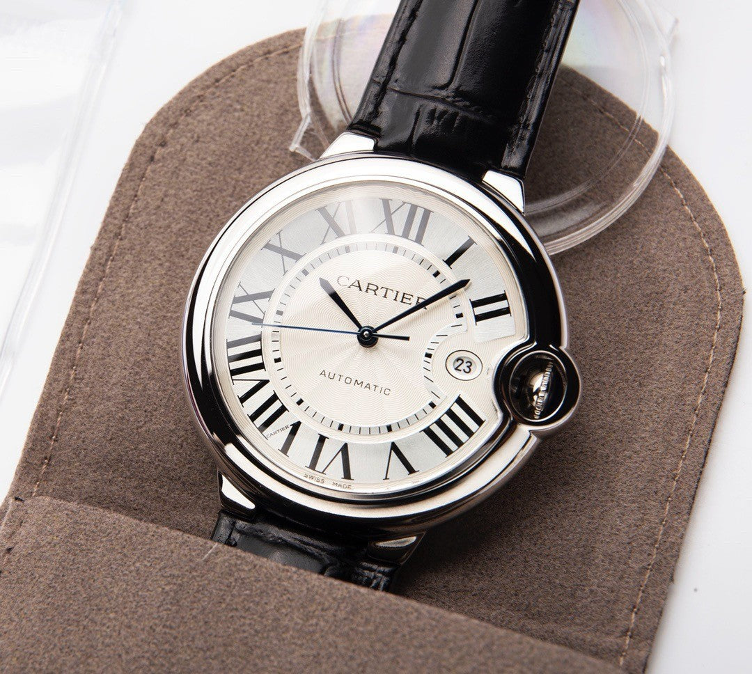 Cartier Round Watch with Black Strap and Silver-Tone Case