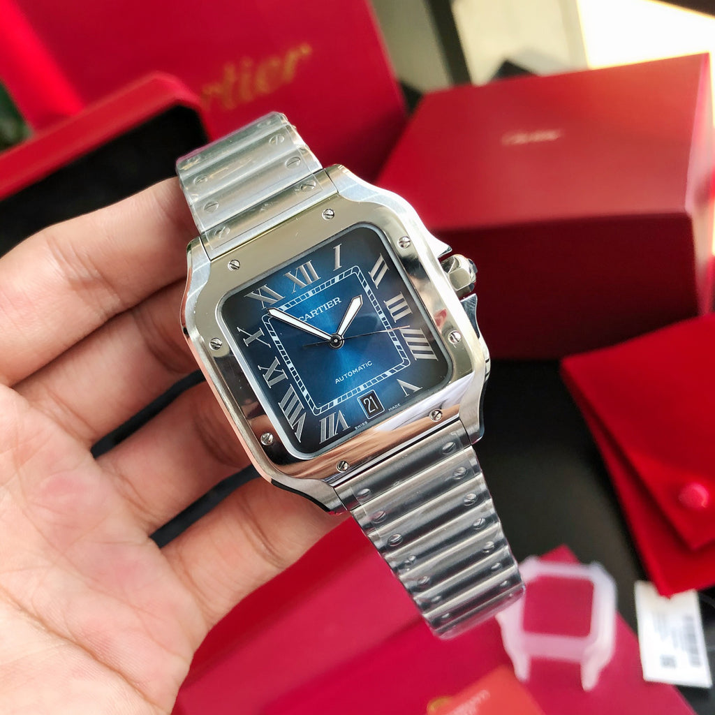 Cartier Blue Dial Square Watch with Silver-Tone Bracelet