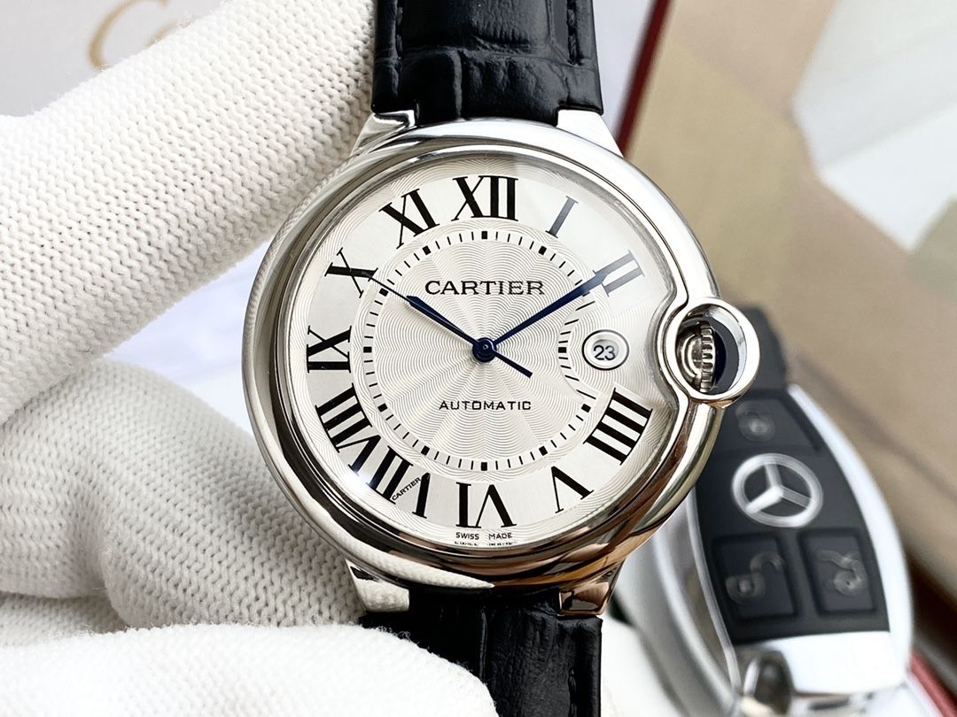 Cartier Round Watch with Black Strap and Silver-Tone Case