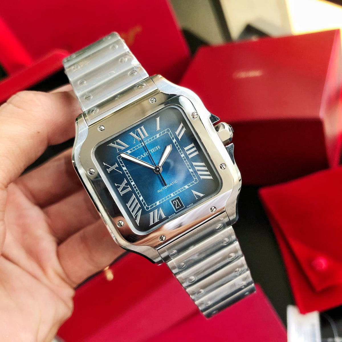 Cartier Blue Dial Square Watch with Silver-Tone Bracelet