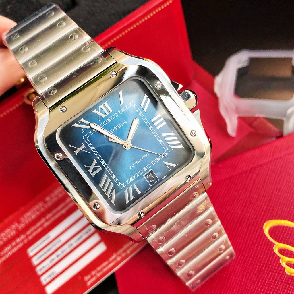 Cartier Blue Dial Square Watch with Silver-Tone Bracelet