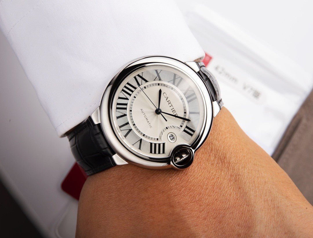 Cartier Round Watch with Black Strap and Silver-Tone Case