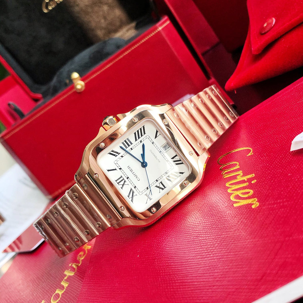 Cartier Square Watch with Rose Gold-Tone Bracelet