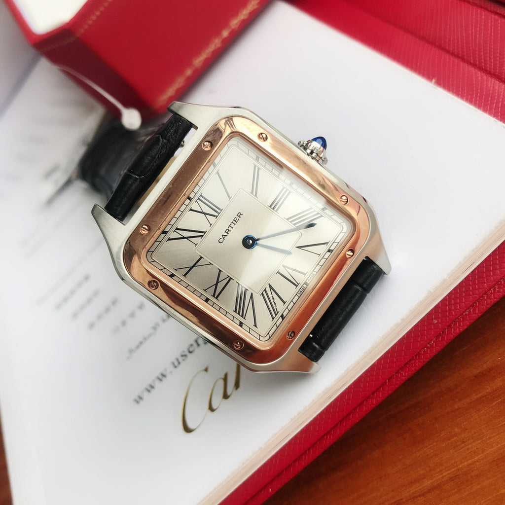 Cartier Square Watch with Black Strap and Two-Tone Case
