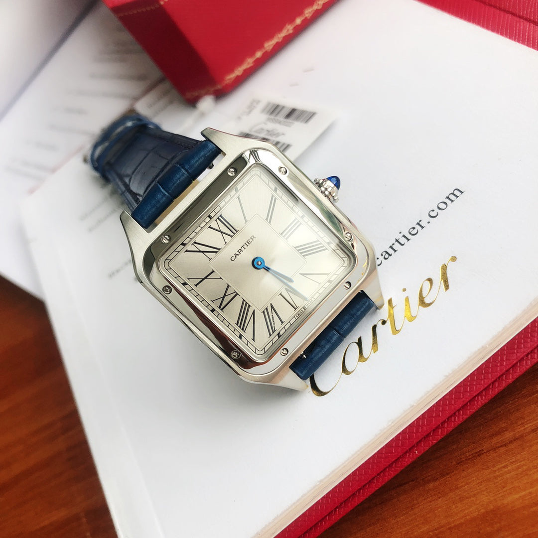 Cartier Square Watch with Blue Strap and Silver-Tone Case