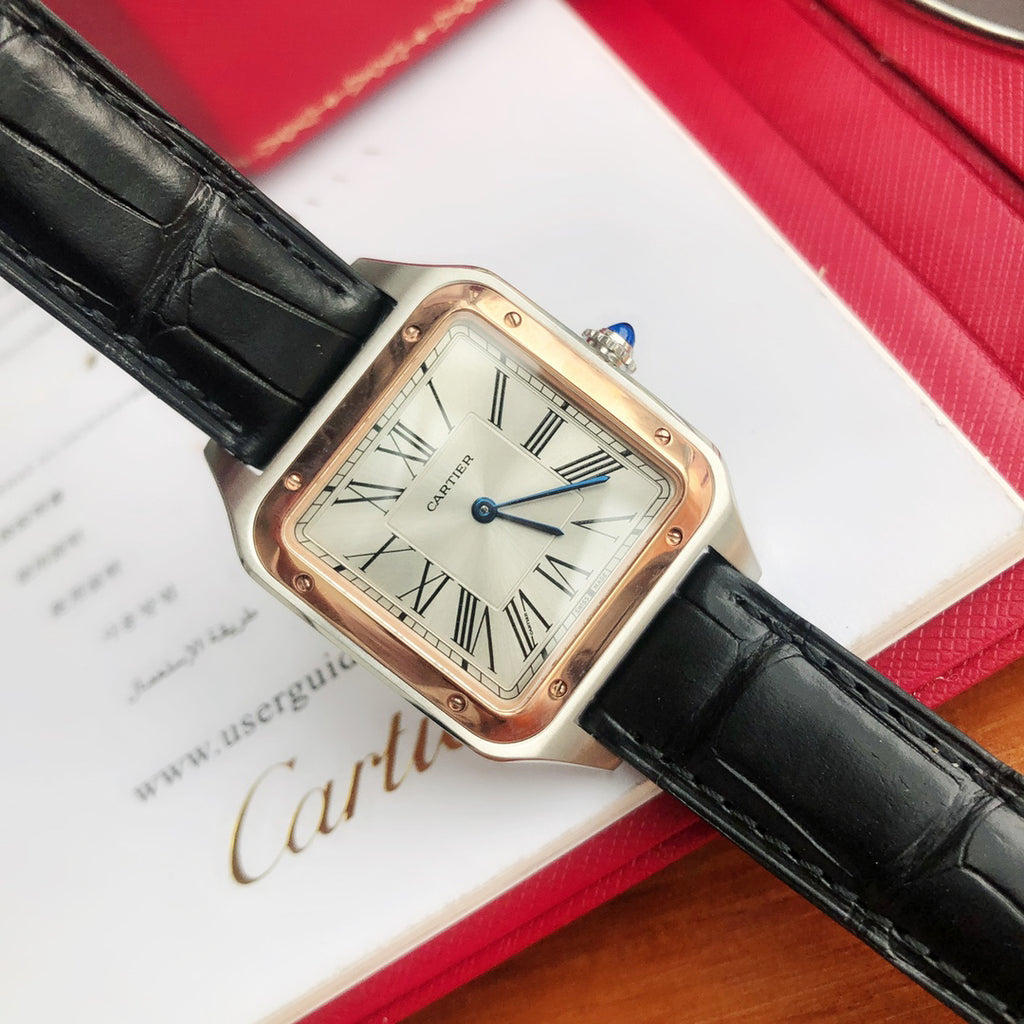 Cartier Square Watch with Black Strap and Two-Tone Case