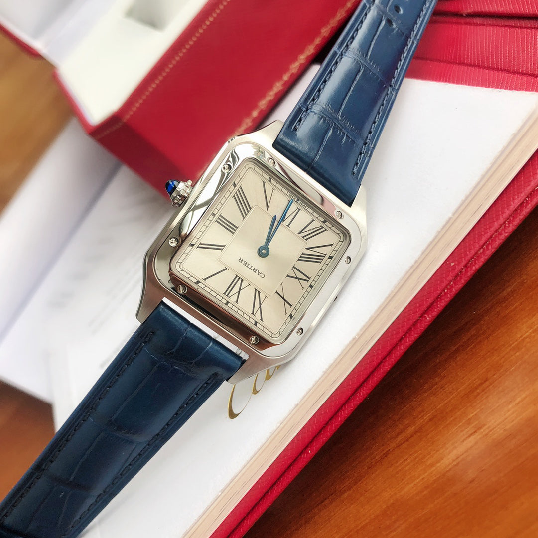 Cartier Square Watch with Blue Strap and Silver-Tone Case