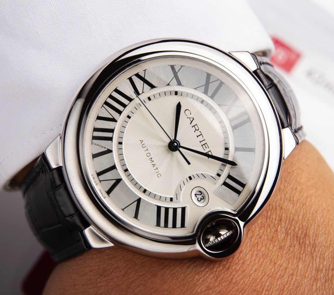Cartier Round Watch with Black Strap and Silver-Tone Case