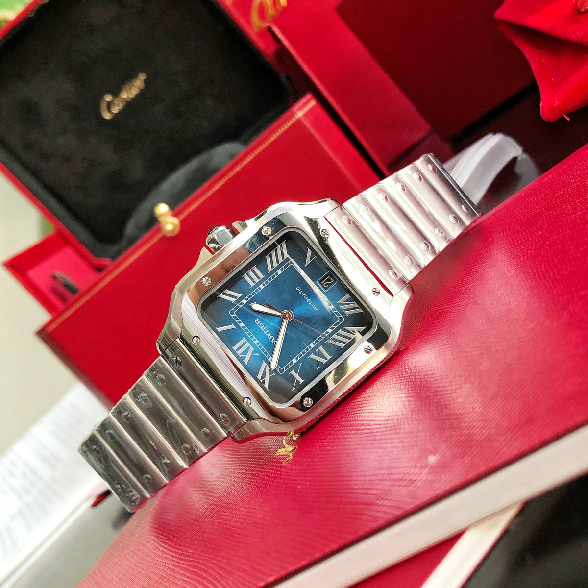 Cartier Blue Dial Square Watch with Silver-Tone Bracelet