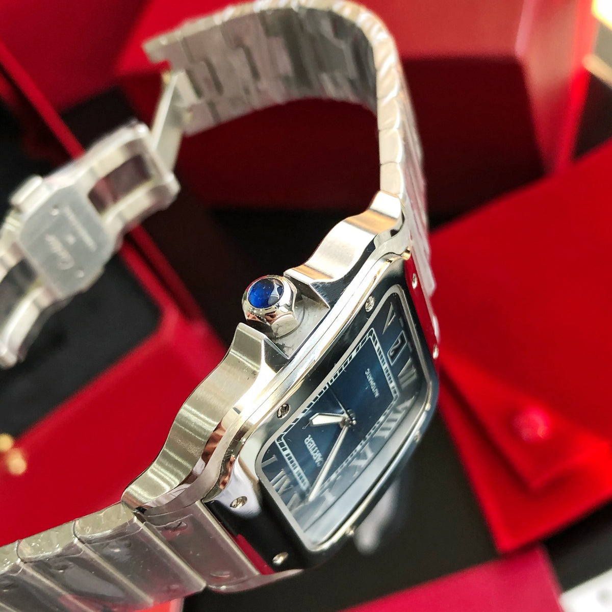 Cartier Blue Dial Square Watch with Silver-Tone Bracelet