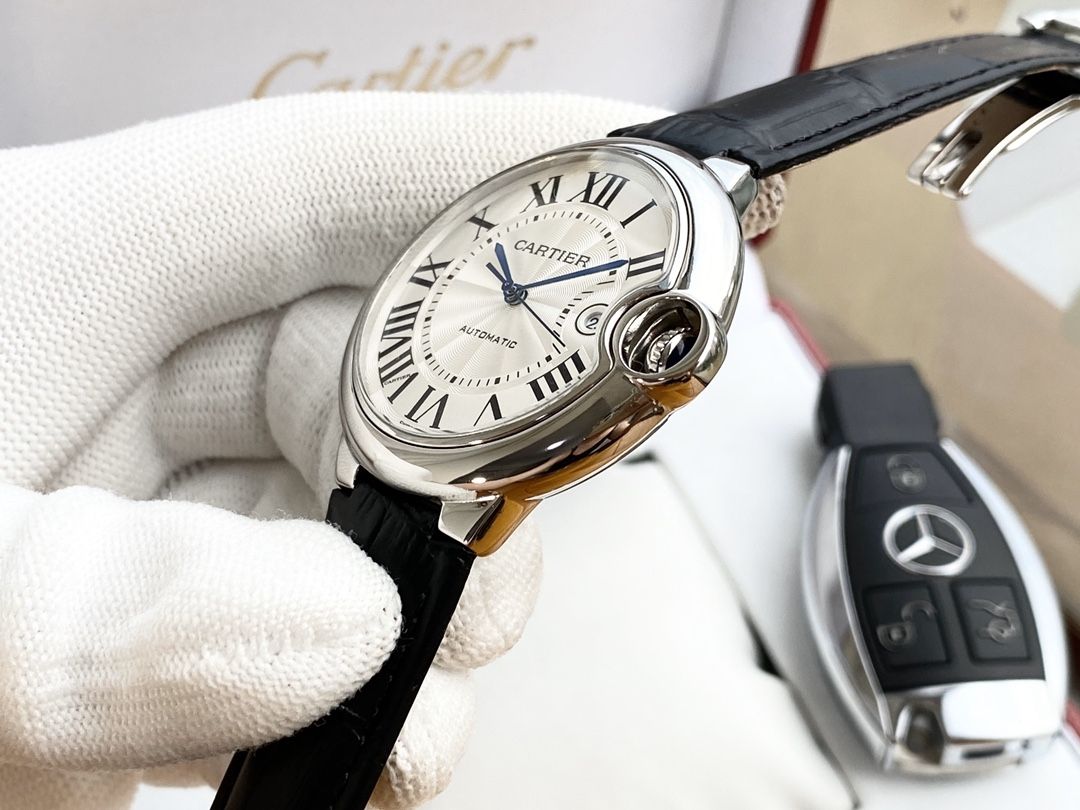 Cartier Round Watch with Black Strap and Silver-Tone Case