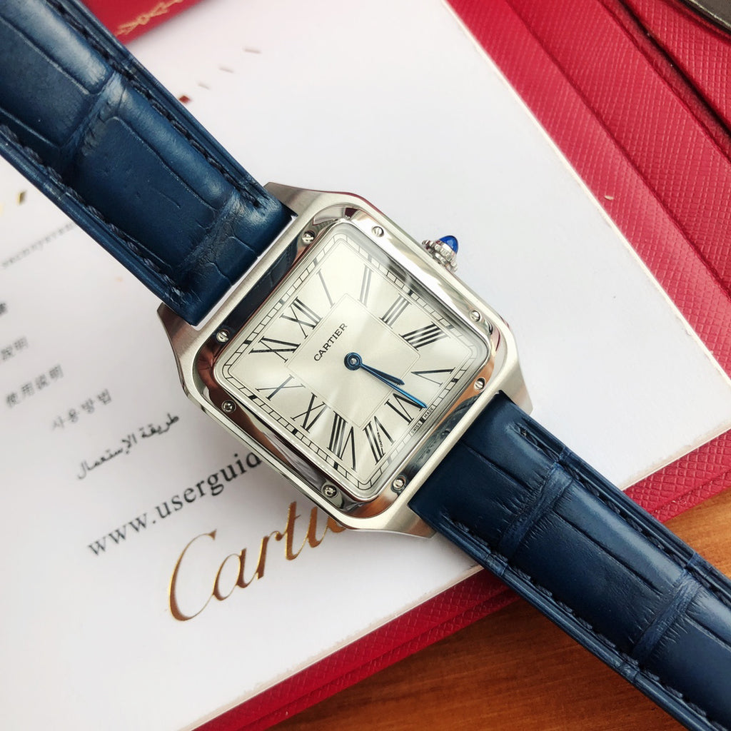 Cartier Square Watch with Blue Strap and Silver-Tone Case