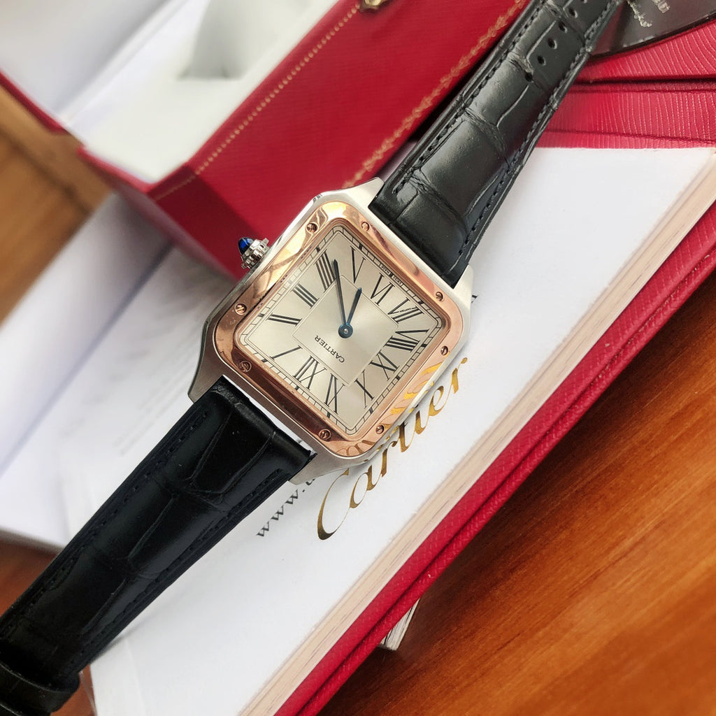 Cartier Square Watch with Black Strap and Two-Tone Case
