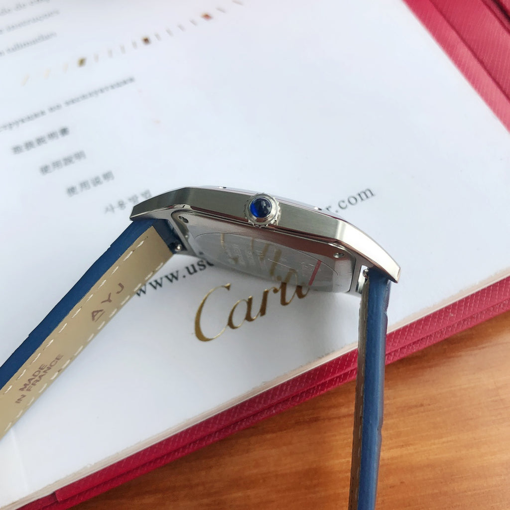 Cartier Square Watch with Blue Strap and Silver-Tone Case