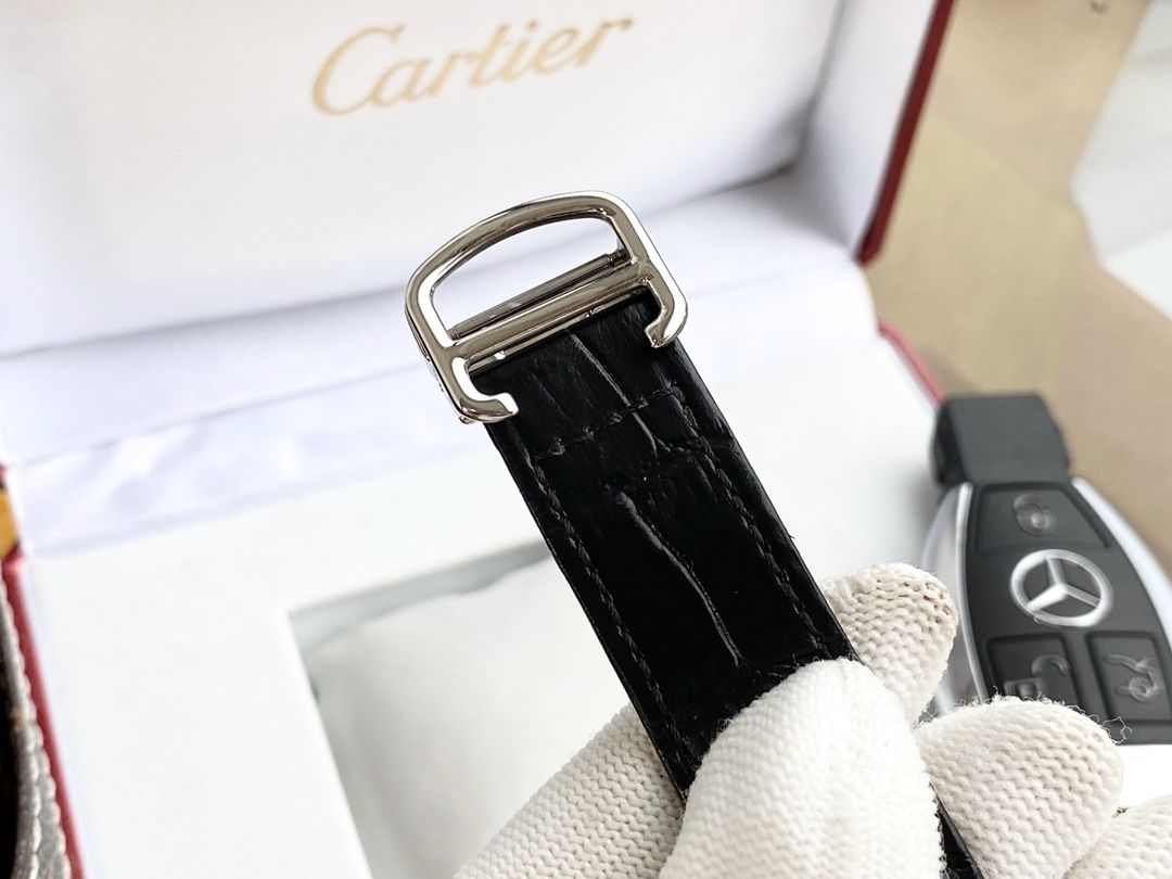 Cartier Round Watch with Black Strap and Silver-Tone Case