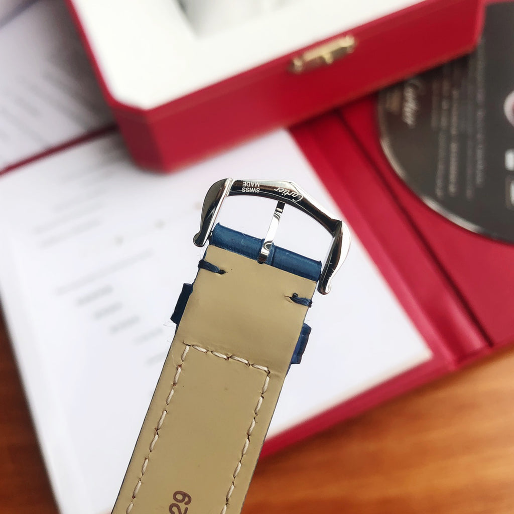 Cartier Square Watch with Blue Strap and Silver-Tone Case